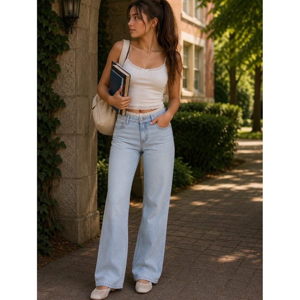 Lace Waist Wide Leg Mid Rise Baggy Jeans Light Wash Juniors Size‎ 16 New NWT